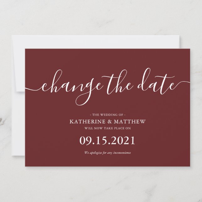 Burgundy Typography Rescheduled Wedding Save The Date (Front)