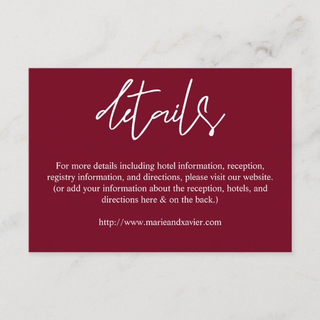 Burgundy Typography Script Details Enclosure Card (Front)