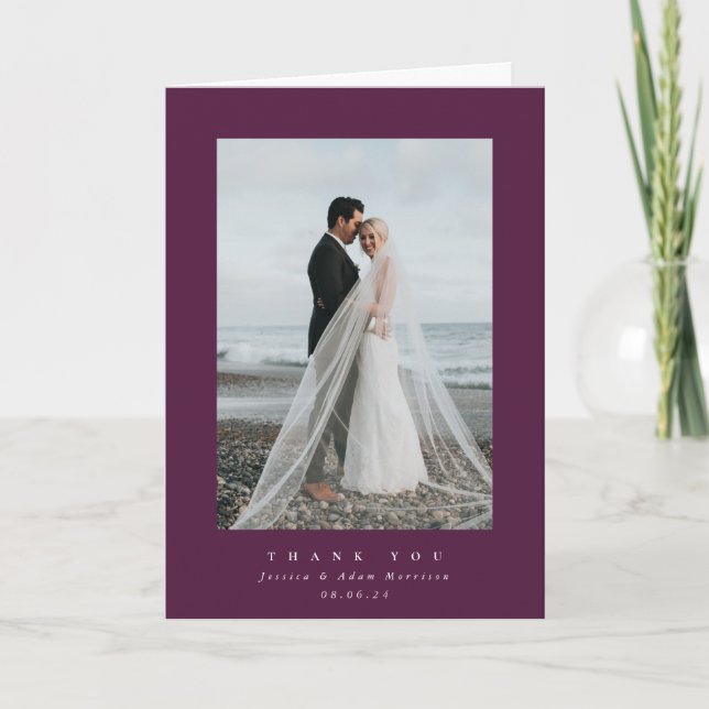 Burgundy Ultra Minimal Single Photo Wedding Thank You Card (Front)