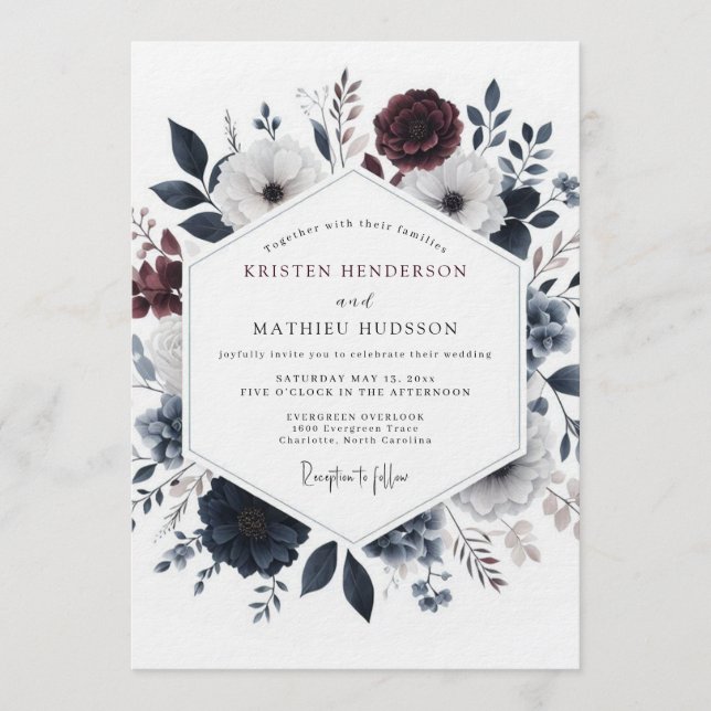 Burgundy Umbral Bloom Wedding Invitation (Front)