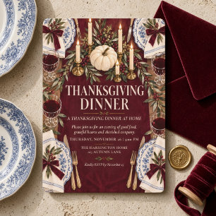 Burgundy Velvet Bow Chinoiserie Thanksgiving Invitation
