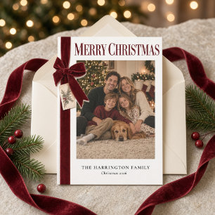 Burgundy Velvet Bow Family Photo Merry Christmas  Holiday Card