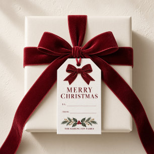 Burgundy Velvet Bow Merry Christmas Gift Tags