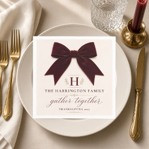 Burgundy Velvet Bow Monogram Personalised Napkin