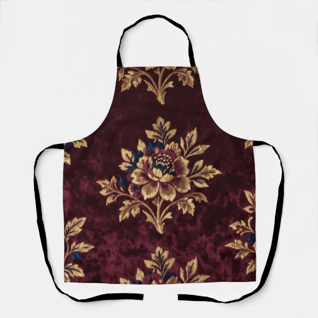 Burgundy Velvet Peony Gold Embroidery Floral  Apron (Front)