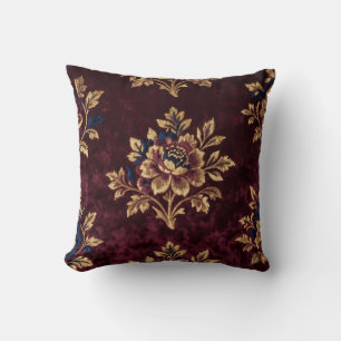 Burgundy Velvet Peony Gold Embroidery Floral Cushion