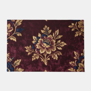 Burgundy Velvet Peony Gold Embroidery Floral Doormat