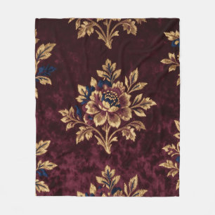 Burgundy Velvet Peony Gold Embroidery Floral Fleece Blanket