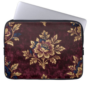 Burgundy Velvet Peony Gold Embroidery Floral Laptop Sleeve