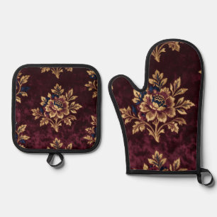 Burgundy Velvet Peony Gold Embroidery Floral  Oven Mitt & Pot Holder Set