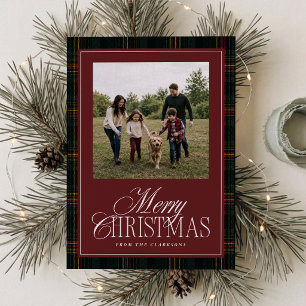 Burgundy Velvet Tartan One Photo Christmas Card