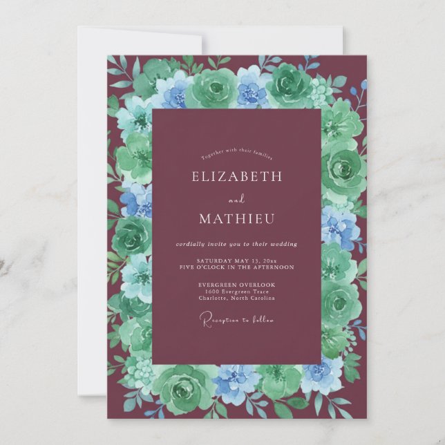 Burgundy Verdant Blossom Wedding Invitation (Front)