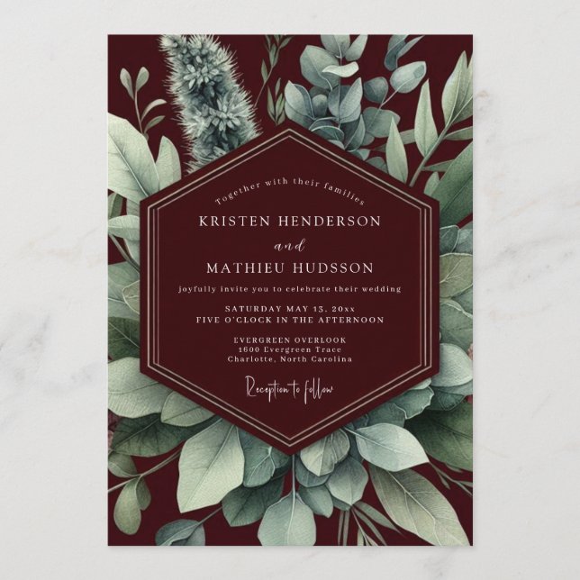 Burgundy Verdant Botanical Wedding Invitation (Front)
