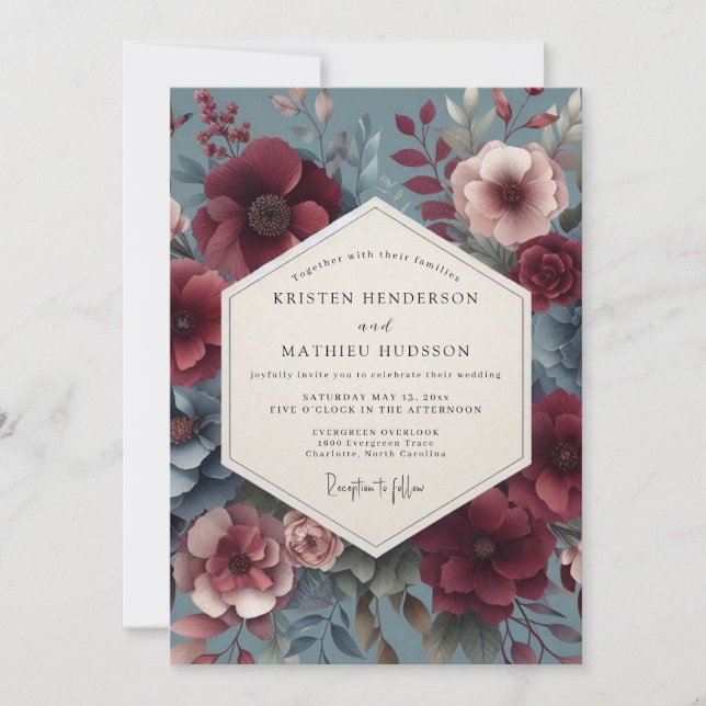 Burgundy Victorian Bloom Wedding Invitation (Front)