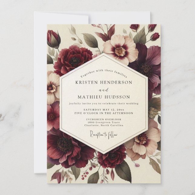 Burgundy Vintage Anemone Wedding Invitation (Front)