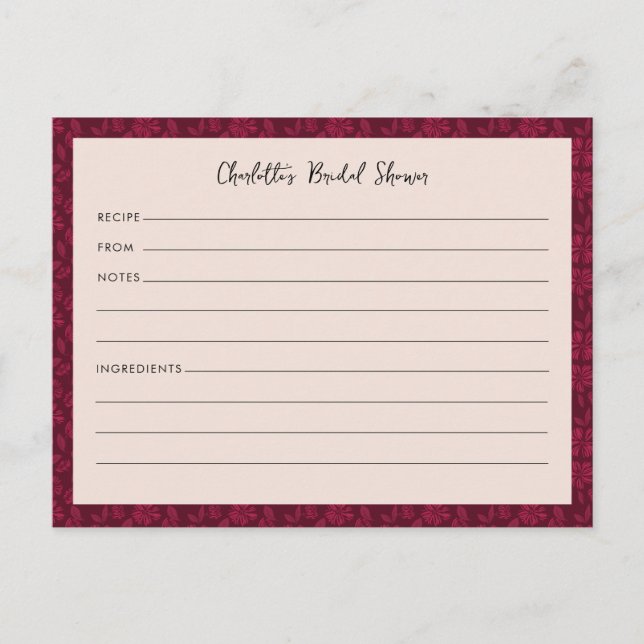Burgundy Vintage Floral Bridal Shower Recipe Card (Front)