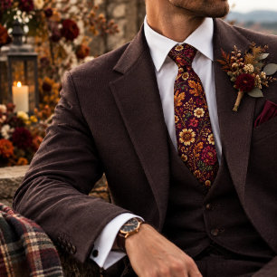 Burgundy Vintage Floral Luxury Autumn Wedding Tie