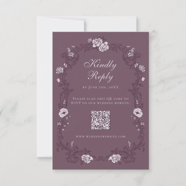 Burgundy Vintage Floral QR Code RSVP Card (Front)
