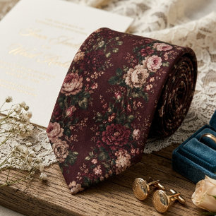 Burgundy Vintage Floral Wedding Tie