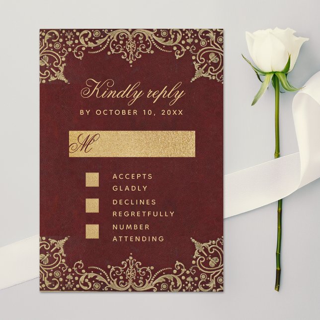 Burgundy Vintage Gold Elegant Calligraphy Wedding RSVP Card (Creator Uploaded)