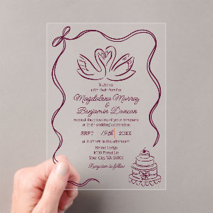 Burgundy Vintage Hand Drawn Swans Retro Wedding Acrylic Invitations