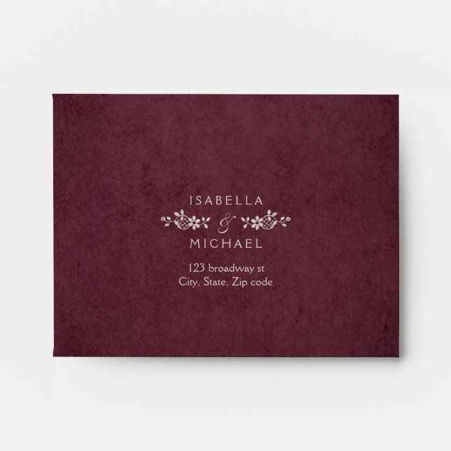 Burgundy vintage lace rustic wedding RSVP Envelope (Front)