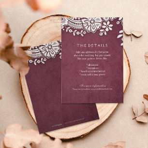 Burgundy vintage lace rustic weddng details card