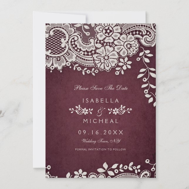 Burgundy vintage lace rustic weddng save the date (Front)