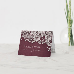 Burgundy vintage lace rustic weddng thank you card