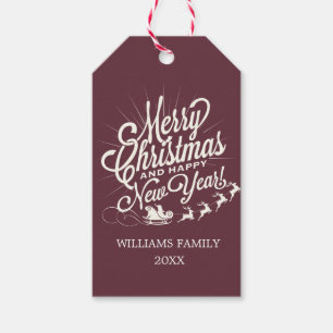 Burgundy Vintage Merry Christmas Happy New Year Gift Tags