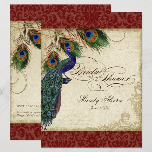 Burgundy Vintage Peacock Feathers Bridal Shower Invitation (Front/Back)
