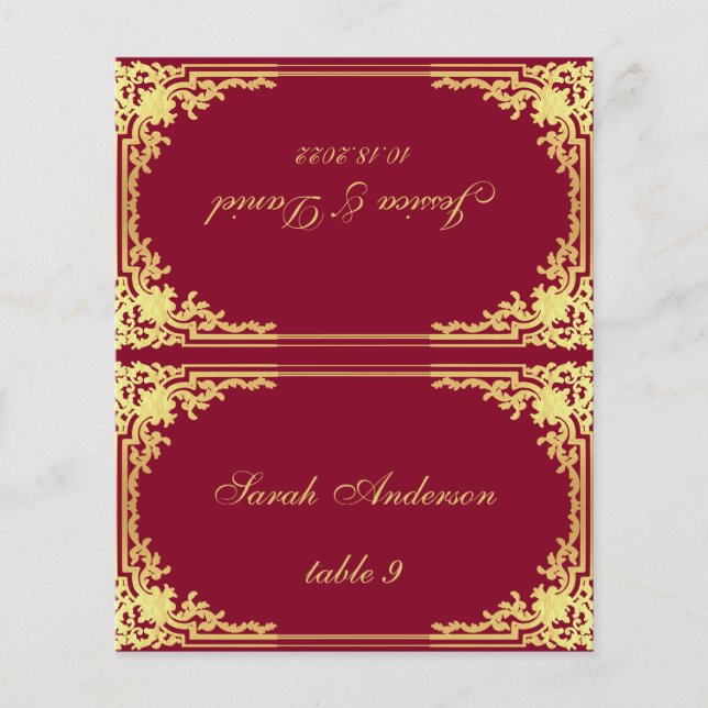 Burgundy Vintage Printed Name Wedding Place Card (Front)