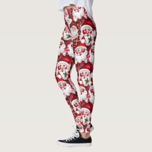 Burgundy Vintage Santa Claus Plaid Christmas Leggings