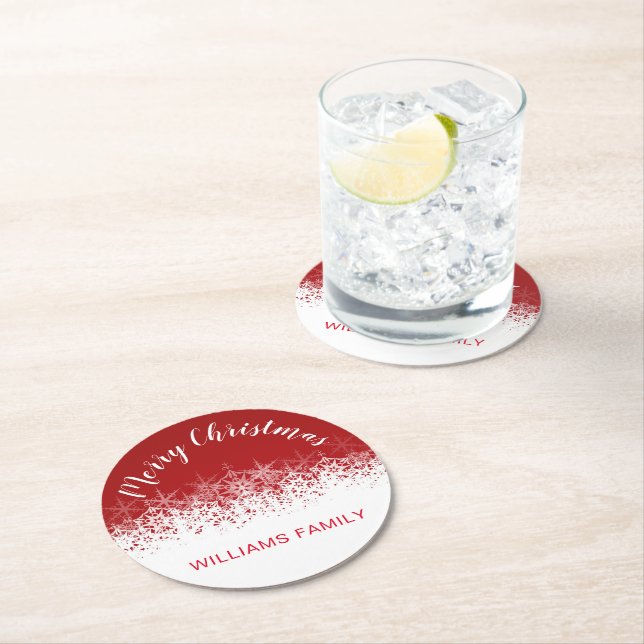 Burgundy vintage snowflake merry christmas round paper coaster (Insitu)