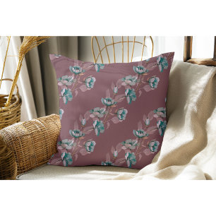 Burgundy Vintage Watercolor Blue Flower Stripes Cushion
