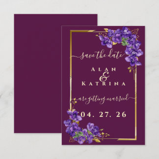 Burgundy Violet Floral Gold Frame Elegant Wedding  Save The Date