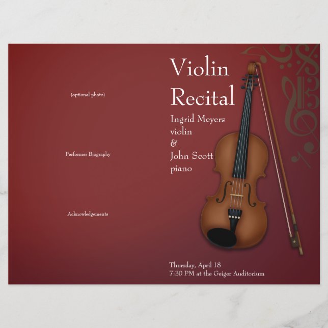 Burgundy Violin Viola Folded Recital Program (Front)
