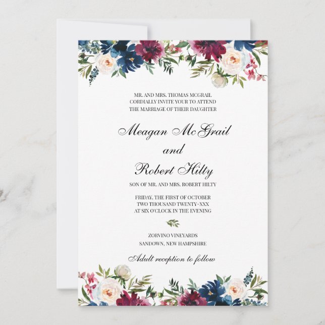 Burgundy Water Colour Floral Design Wedding Invita Invitation (Front)