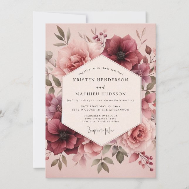 Burgundy Watercolor Bloom Wedding Invitation (Front)