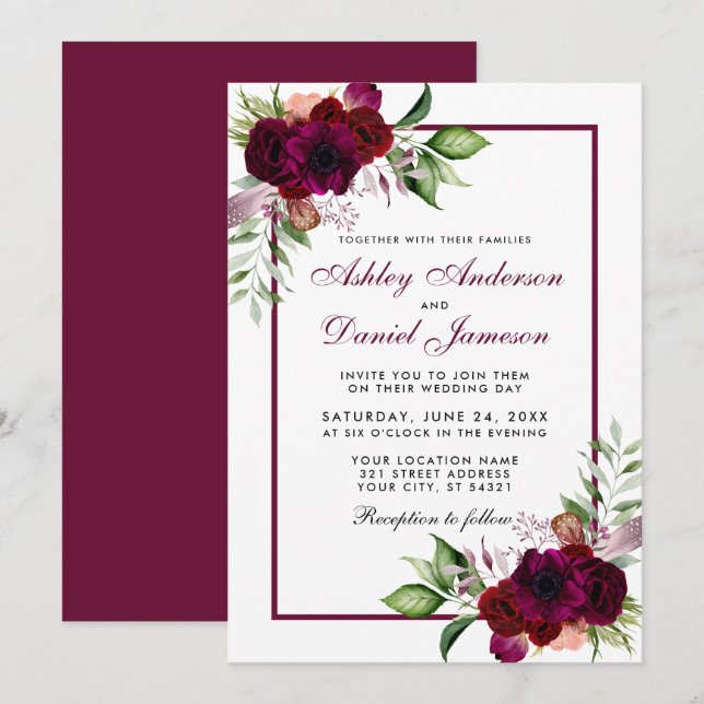 Burgundy Watercolor Boho Floral Wedding Invitation (Front/Back)