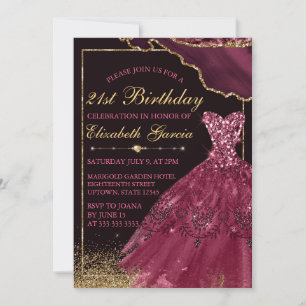 Burgundy Watercolor Dress & agate 21st Birthday Invitation