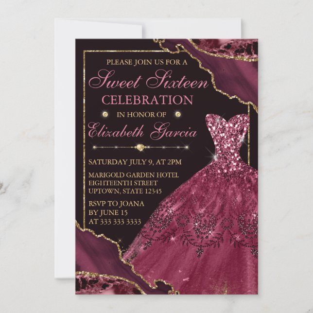 Burgundy Watercolor Dress & Agate Sweet 16  Invitation (Front)