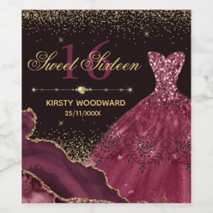Burgundy Watercolor Dress & agate Sweet 16 Wine Label
