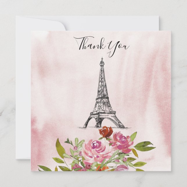 Burgundy Watercolor Eiffel Tower Wedding Thank You Invitation (Front)