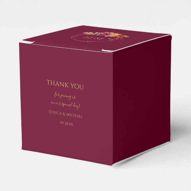 Burgundy Watercolor Fall Bouquet Elegant Wedding Favour Box (Front Side)