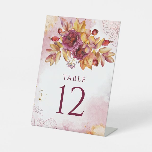 Burgundy Watercolor Fall Bouquet Elegant Wedding Pedestal Sign (Front)