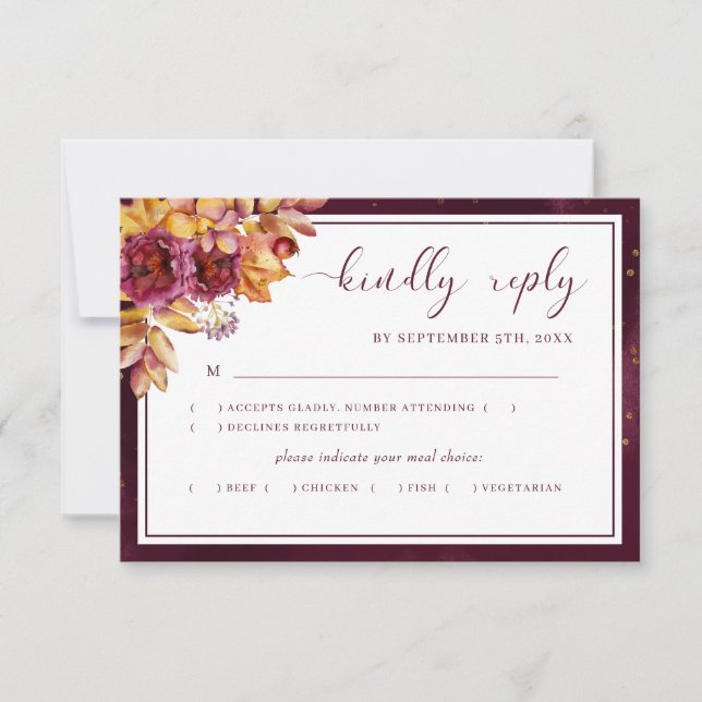 Burgundy Watercolor Fall Bouquet Meal Choice RSVP Card (Front)