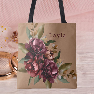 Burgundy Watercolor Fall Floral Bouquet Bridesmaid Tote Bag