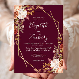 Burgundy Watercolor Fall Floral Gold Frame Wedding Invitation