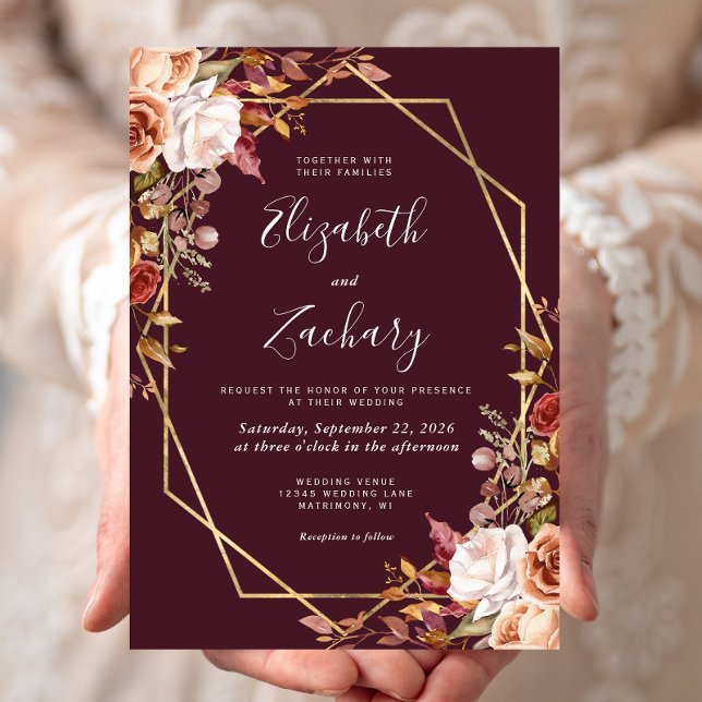 Burgundy Watercolor Fall Floral Gold Frame Wedding Invitation (Creator Uploaded)